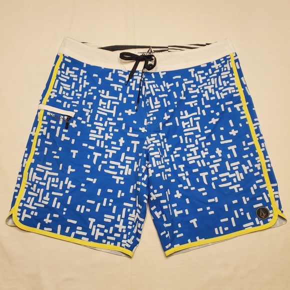 Volcom Mod Tech Board Shorts Mens 36 Blue And White Geometric Pattern Tie Waist - Picture 1 of 5